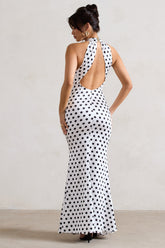Unstoppable | White Polka Dot Satin Cross Over Halter Neck Maxi Dress